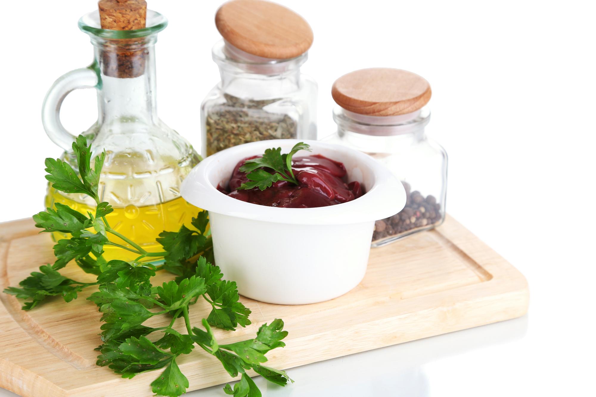 close-up of herb garnish and sauces